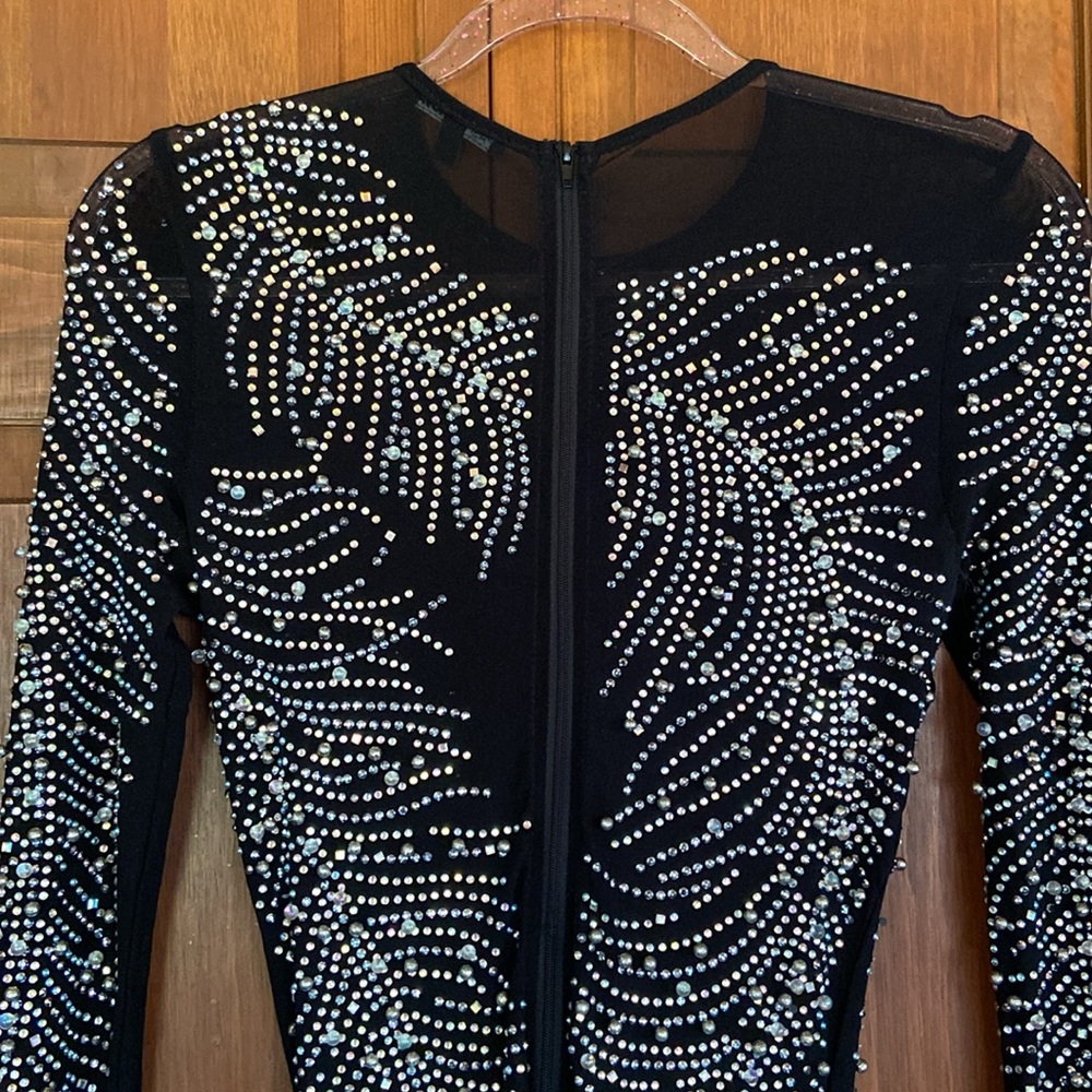 🔥 GORGEOUS BEADED SHEER BLACK LONG SLEEVE DRESS W/BLACK FEATHER TRIM~SM - Picture 11 of 17
